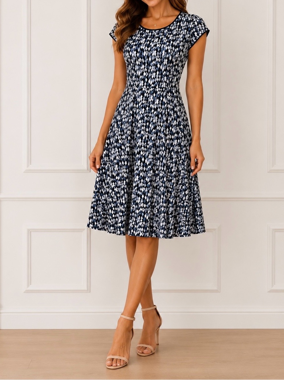Classic Jessica Howard Navy and White Printed Midi Fit-and-Flare Dress